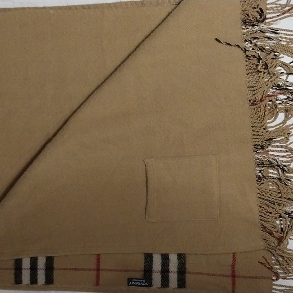 Shawl Cape Blanket Cashmere Wool Tan Blk Plaid Reversible Pockets Sorvano Italy - Picture 14 of 15